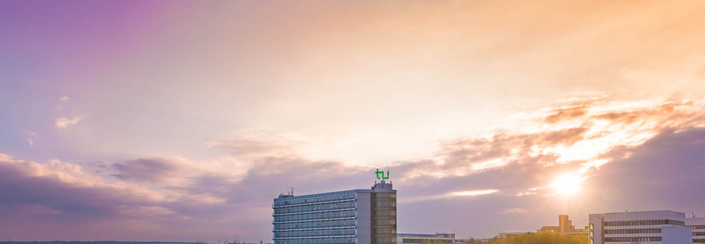 North Campus at sunset Math Tower with illuminated sky in the background